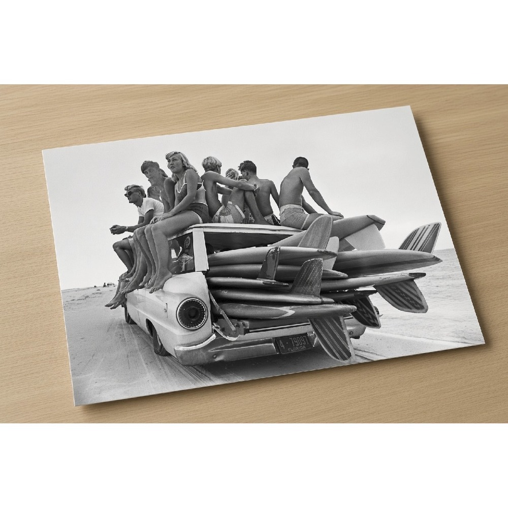 Vintage Surfing Station Wagon Black and White Beach Photography Art Print 8x10